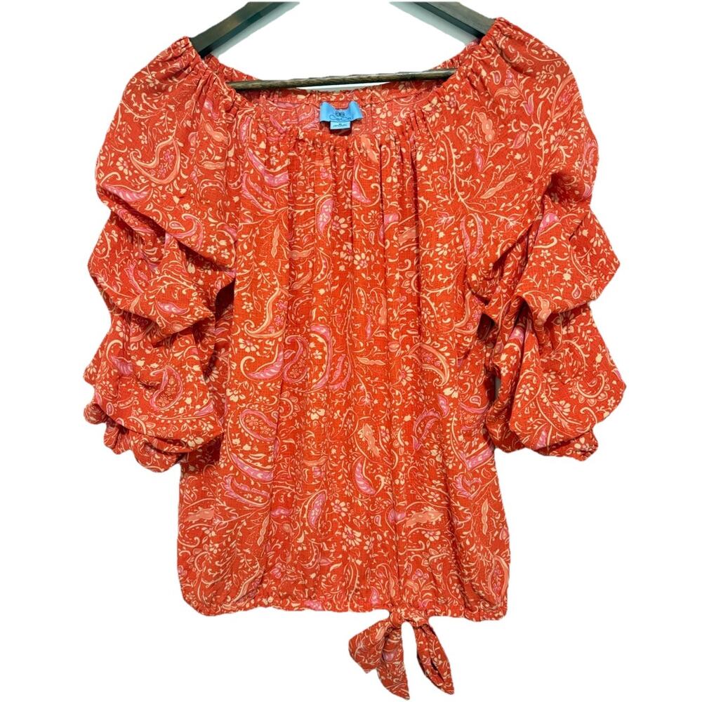 CeCe Paisley Peasant Blouse Medium Orange Pink Off Shoulder Ruffle Sleeve